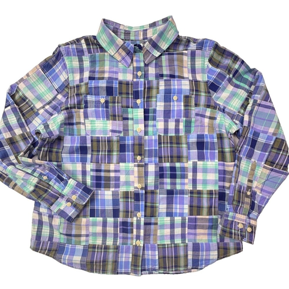 LL Bean Madras Patchwork Plaid Shirt Petite Roll Tab Sleeve Cottage MP